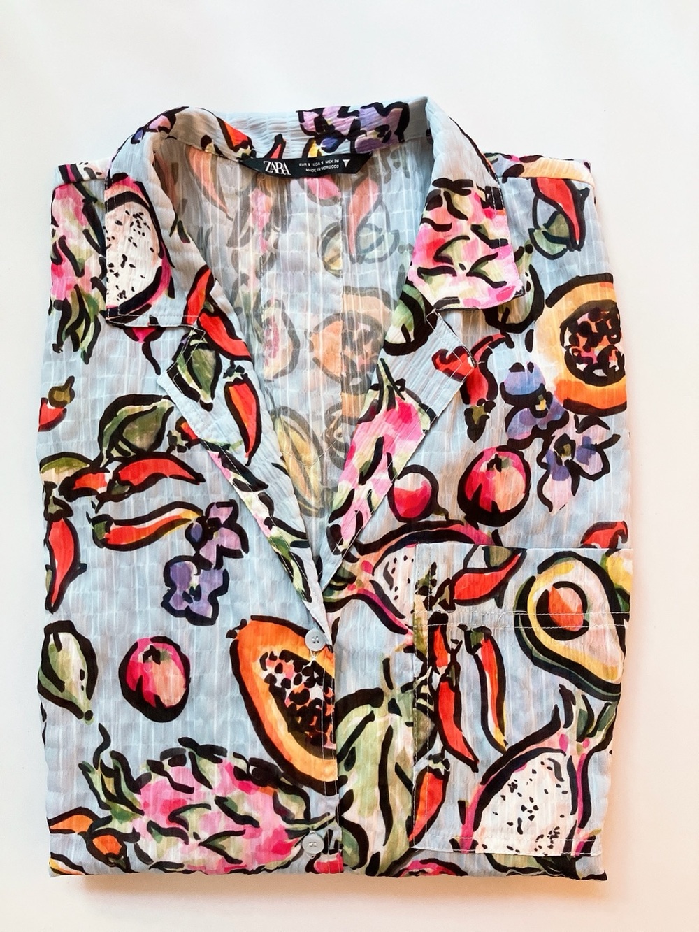 Zara Button-Down Shortsleeve Vneck Camp Collar Shirt Blouse Fruit Print Oversize - Picture 10 of 11